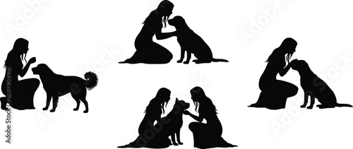 Silhouettes of woman interacting with dog, sitting and kneeling poses, pet love, friendship, loyalty, training moments, animal companionship, bonding time