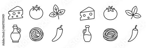 Various hand-drawn food items including cheese, tomatoes, and herbs displayed in a minimalist style