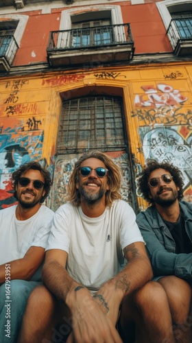 Friends Enjoying a Sunny Afternoon Near a Colorful Graffiti Wall in the City
