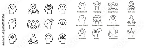 Mental health concepts illustrated with symbols depicting well-being, therapy, and personal growth