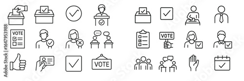 Various voting icons representing civic engagement, elections, and democratic participation in a structured design layout