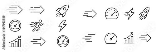 Dynamic illustrations of speed, growth, and performance represented through simple line art designs in a minimalistic style