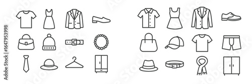 Variety of clothing and accessories displayed in a minimalistic design for fashionable outfits and styles