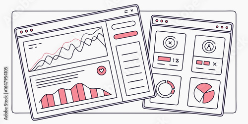 Two tilted windows displaying data charts and ui elements in a simple line art style design