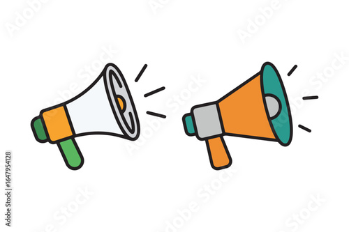 Two colorful cartoon megaphones announcing important news