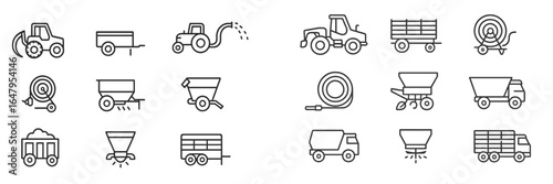 Collection of agriculture-related icon designs depicting various farming tools and machinery for crop management