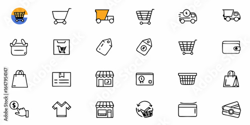 Illustration of e commerce icons including shopping carts trucks bags and store fronts in black and white