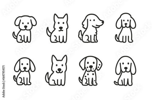 Various cute dog illustrations in simple line art style perfect for pet lovers