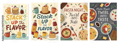 Colorful food illustrations highlighting delightful breakfast and pasta themes.