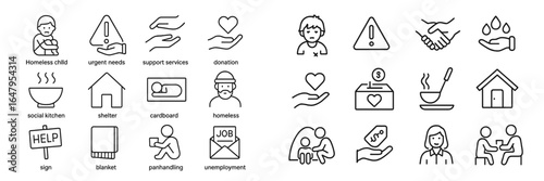 Icons representing support services for the homeless, highlighting urgent needs and donation opportunities in communities