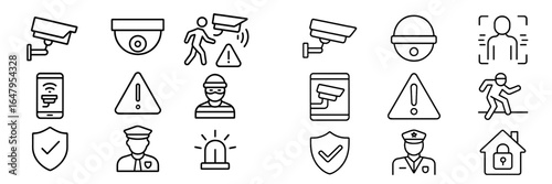 Security surveillance icons representing various safety measures and detection systems in a digital format
