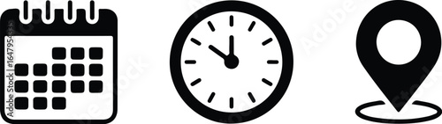 Bold black icons of calendar, clock, and location pin representing date, time, and place information