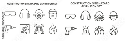 Construction site hazard glyphs illustrating safety equipment and precautions for workers