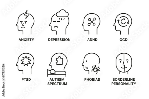Various mental health conditions illustrated with simple line art for educational purposes in a clean design