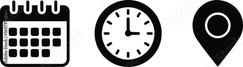 Bold black icons of calendar, clock, and location pin representing date, time, and place information
