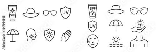 Sun protection symbols and icons representing safety measures for outdoor activities in bright weather