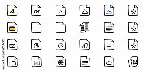 Illustration of twenty four document icons with different symbols and file type representations shown