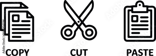 copy cut paste icon set with document and clipboard symbols in line style
