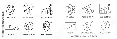 Educational icons representing various school subjects including physics, astronomy, economics, media, engineering, and philosophy