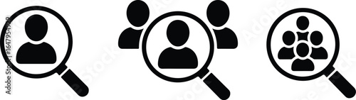 magnifying glass selecting individuals and groups icons set for recruitment search hr team candidate selection concept