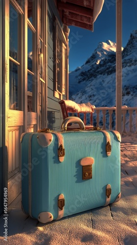 Vintage Blue Suitcase Resting on Snow Near Mountains at Sunset With a Cozy Ca...