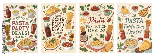 Delicious pasta-themed illustrations showcasing vibrant dishes and joyful dining experiences.