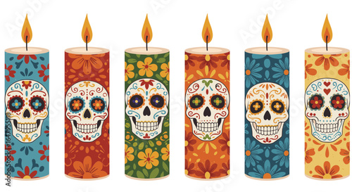 Six lit candles decorated with sugar skulls and floral patterns on transparent background