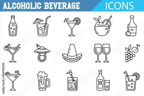 Icons of alcoholic beverages including cocktails, beer, wine, and spirits for drink menus and hospitality use