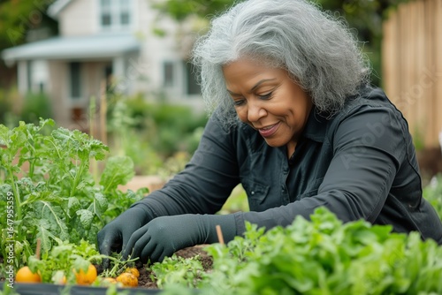Gardening in the Community Garden on a Sunny Afternoon With a Focused Gardene...