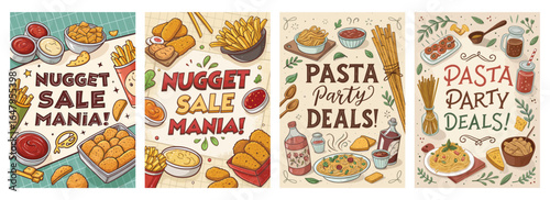 Colorful food sale posters featuring nuggets and pasta, perfect for a fun dining event.