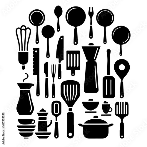 set of Kitchen utensils silhouette , set of Kitchen utensils vector