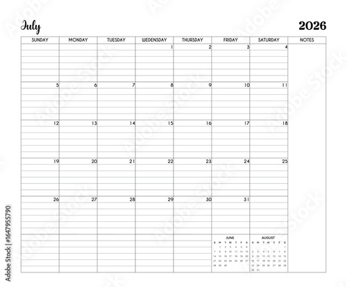 July 2026 Minimalist Printable Calendar Page with Notes Section