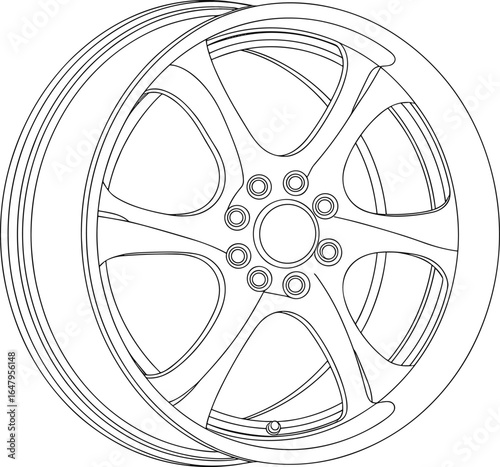 Car wheel rim design, five spoke structure with bolt holes and valve stem, automotive parts detail, cad drawing flat vector illustration