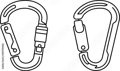 Carabiners pair set, locking screw gate and spring gate designs, climbing and safety gear hardware, outdoor equipment, cad drawing flat vector illustration