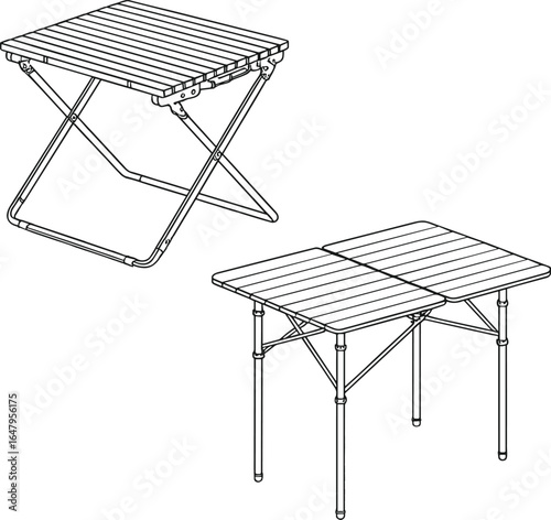 Two folding tables, slatted top designs, crossed leg frame and four‑leg frame with support bars, portable outdoor furniture, camping picnic gear, cad drawing flat vector illustration
