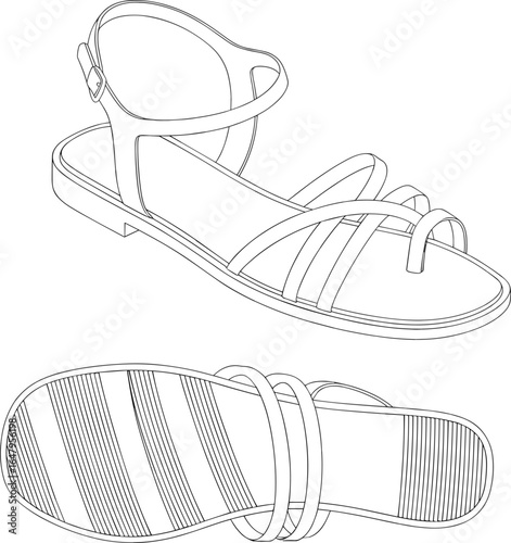 Sandal top and bottom view, buckle strap, tread sole pattern, footwear design, fashion accessory, summer shoe, cad drawing flat vector illustration