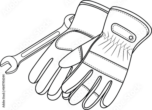 Work gloves with reinforced stitching and padding, wrench tool behind, heavy duty repair gear concept, construction equipment, cad drawing flat vector illustration