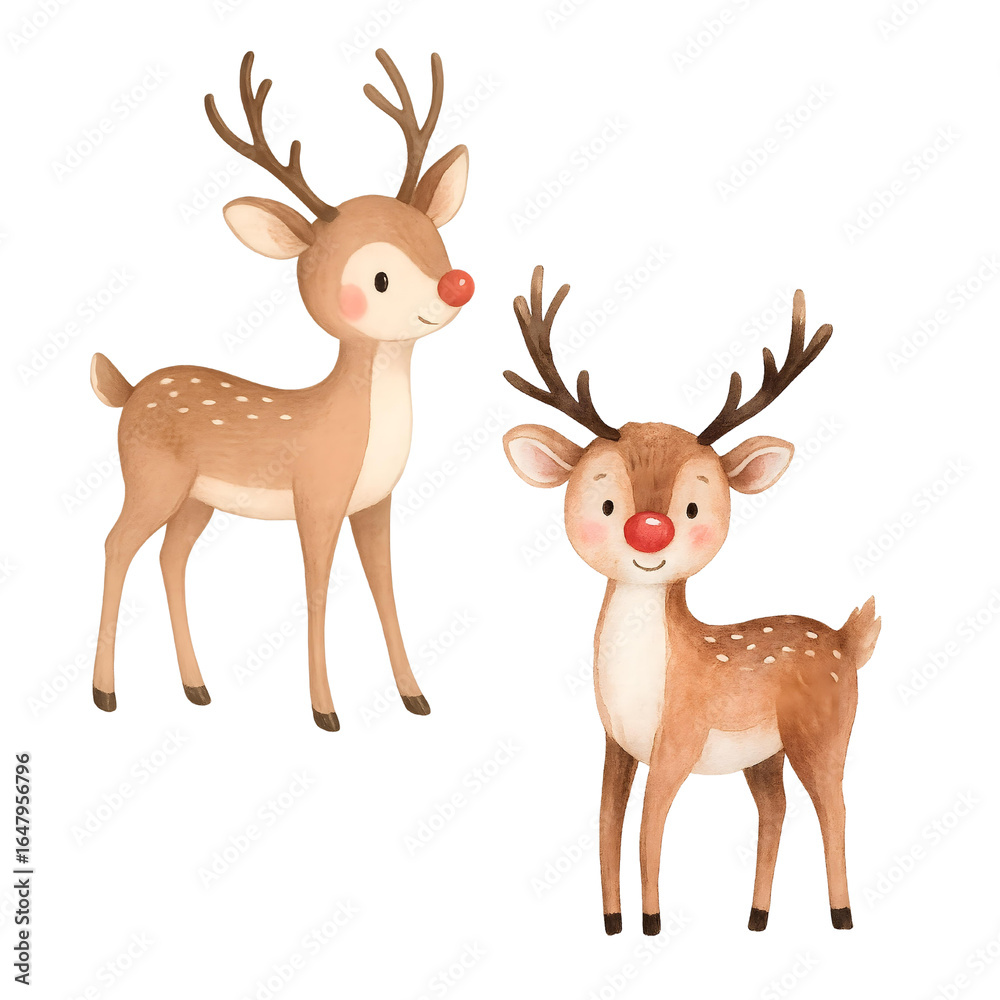 Fototapeta premium Cute watercolor Christmas reindeer duo illustration, festive holiday deer couple clipart