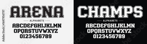 Sport style font. Football style font with lines inside. Athletic style letters and numbers for baseball, basketball and football. Vector
