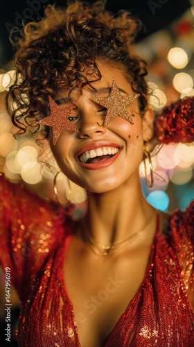 Woman Enjoying a Festive Celebration Wearing Sparkly Star Glasses at Night Pa...