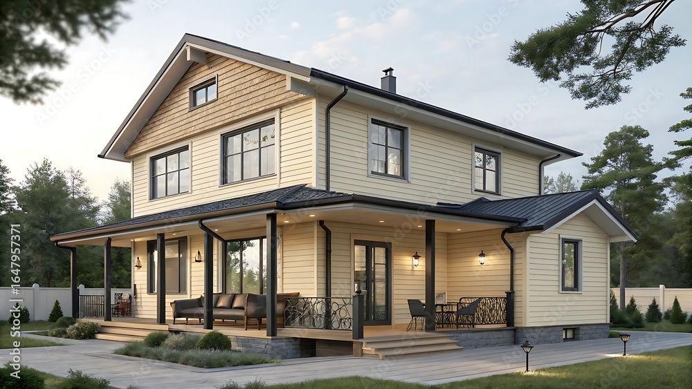 Elegant modern farmhouse with wraparound porch and beautiful landscaping Elegant modern farmhouse with wraparound porch and beautiful landscaping