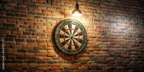 Vintage Brick Wall with a Hanging Dartboard and a Lightbulb, brick wall , dartboard, hanging , lightbulb , lighting