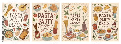 Colorful pasta party promotional posters featuring delicious dishes and vibrant illustrations.
