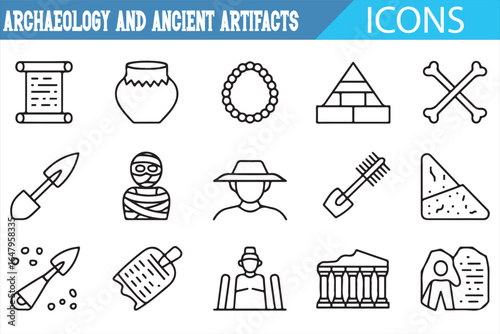 Artifacts and archaeological tools icons for history, excavation, and study