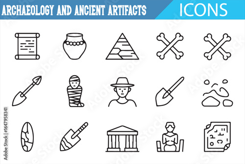 Icons of ancient civilizations, excavation tools, and archaeological sites