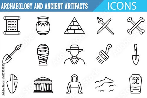 Archaeological excavation and ancient site icons for history and culture