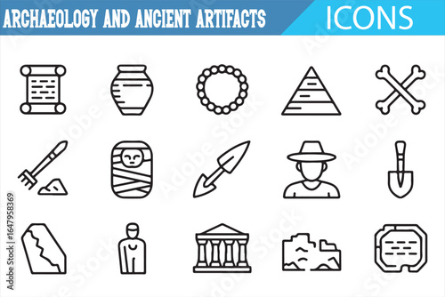 Icons depicting ancient relics, artifacts, and archaeology tools