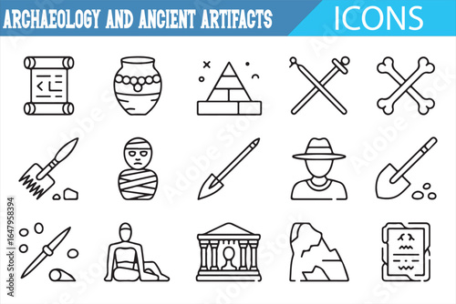 Icons of archaeology and ancient artifacts depicting excavation tools, historical relics, and ancient sites