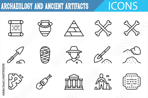 Historical archaeology icons representing ancient artifacts and excavation