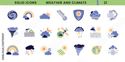 Weather and Climate Vector Solid Icon Set. Colorful Vector Icons of Forecast, Nature, and Environment